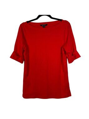 Lauren Ralph Lauren Large Red Cotton Elbow Sleeve Cuff Top Preppy Old Money